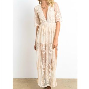 NWOT Beige Wishlist Maxi Romper with Lace Overlay